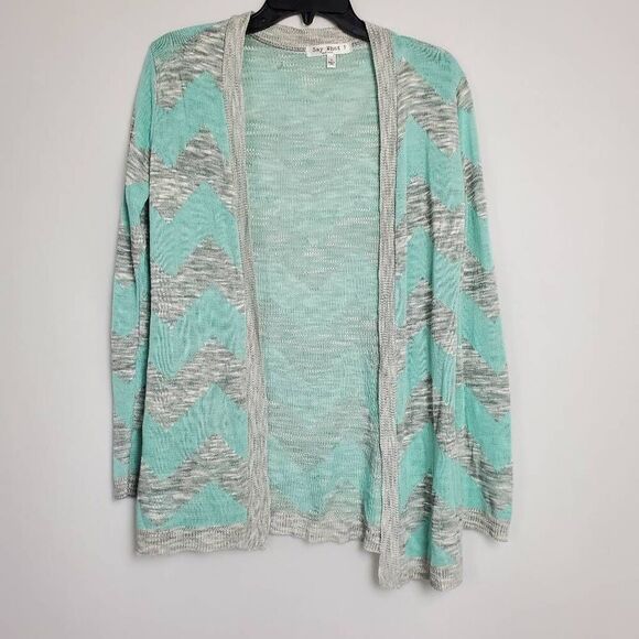 Say What? Juniors Size Small Teal/Gray Chevron Stripe Cardigan Sweater - Picture 1 of 5